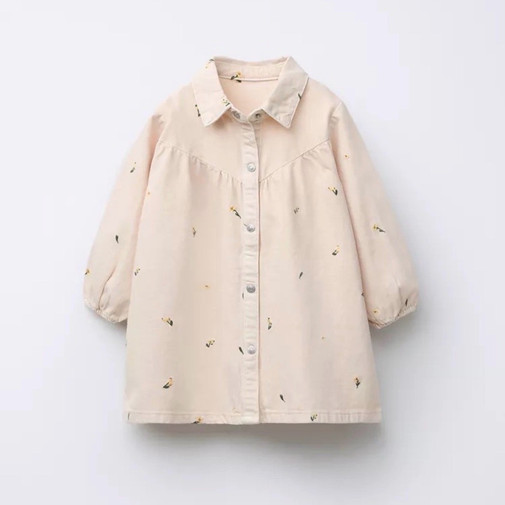 Zara Girl denim Embroidered Button Front Dress Size 5 Beige Long Sleeve Collared